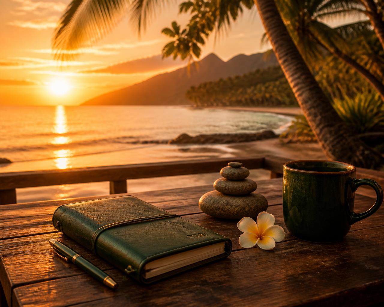 Journal, pen and stacked stones on a wooden table overlooking a tropical sunset